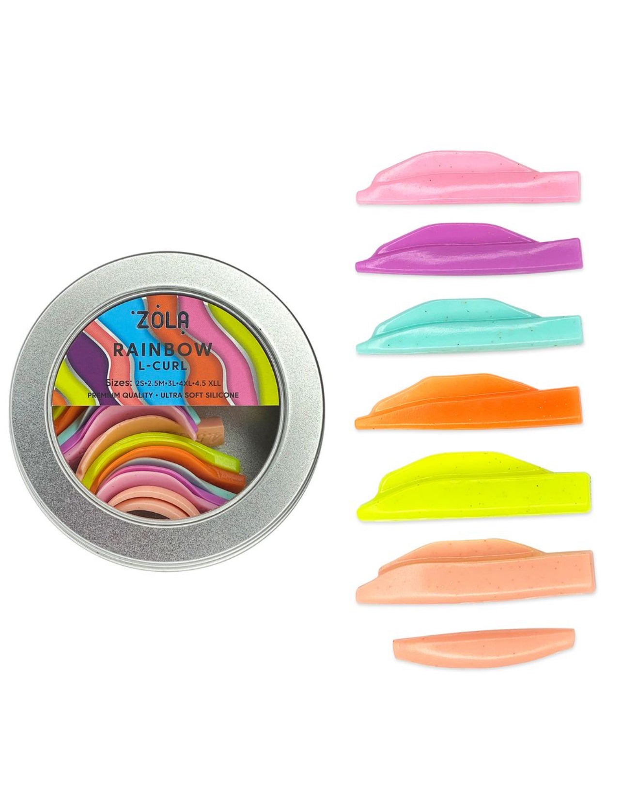 Bigoudis en silicone ZOLA Rainbow L Curl, 7 paires (2S, 2.5M, 3L, 3.5LL, 4XL)